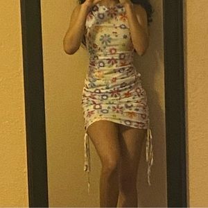 white ruched floral bodycon dress